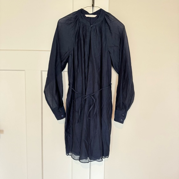Rebecca Taylor Silk Cotton Navy Blue Long Sleeve Tie Belt Mini Dress Small - Picture 1 of 7